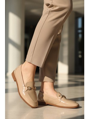 Ayakmod 421025 Z Bej Kırışık Kadın Taşlı Babet Günlük Ayakkabı