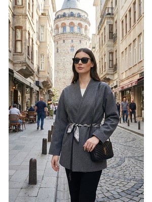 Lela Regular Fit Kruvaze Yaka Fular Kemerli Blazer Ceket Bayan Ceket 6927673