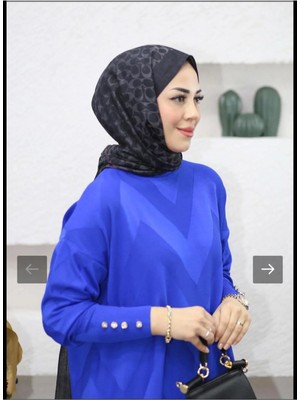 Kadın Kolları Düğmeli Zikzak Desen Merserize Tunik