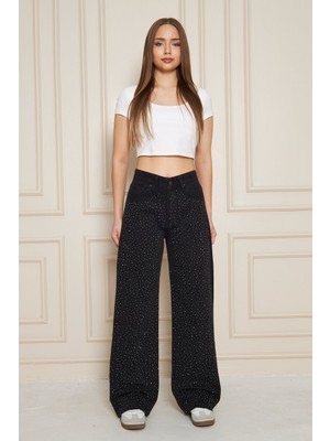 Comstar Kadın Yüksek Bel Baggy Taşlı Bol Paça Siyah Kot Pantolon