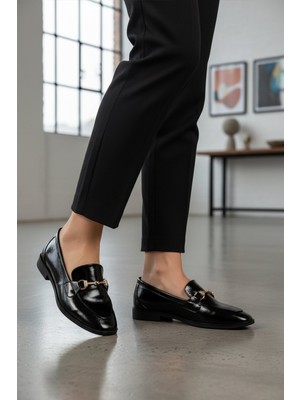 Ayakmod 421025 Z Siyah Kırışık Kadın Taşlı Babet Günlük Ayakkabı