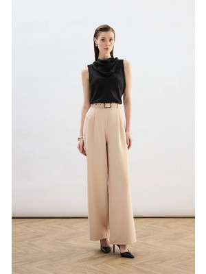 Sateen Kemerli Bol Pantolon - Bej