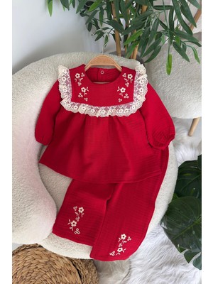 Miniğimin Cicileri Müslin Fisto Detaylı Çiçek Işleme Kız Çocuk 2 Li Takım - Kırmızı