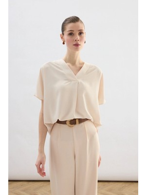 Sateen Geniş Kısa Kollu Bluz - Bej