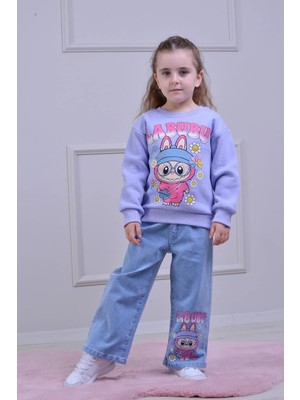 bebexy Labubu Baskılı Kot Pantolon Mor Takım