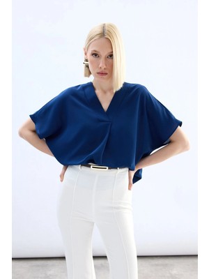 Sateen Geniş Kısa Kollu Bluz - Indigo