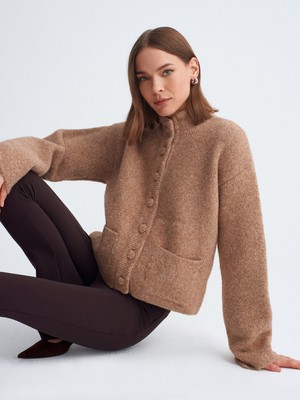 Dilvin 60995 Dik Yaka Düğmeli Triko Hırka-K.bej Me.