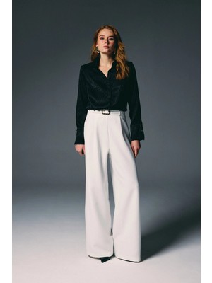 Sateen Kemerli Bol Pantolon - Ekru