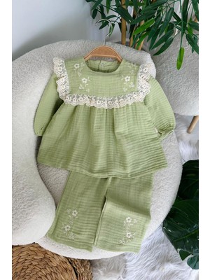 Miniğimin Cicileri Müslin Fisto Detaylı Çiçek Işleme Kız Çocuk 2 Li Takım - Yeşil