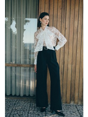 Sateen Kemerli Bol Pantolon - Siyah