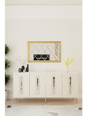 Ceneyra KA1810BTS RANY180 Konsol, Kahve Köşesi ve Tv Sehpası Beyaz-Traverten-Silver