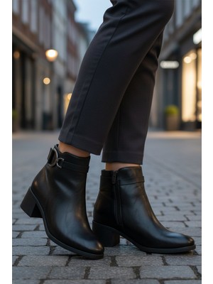 Ayakmod 417637 Z Soğuğa Dirençli Siyah Cilt Kadın Klasik Topuklu Bot