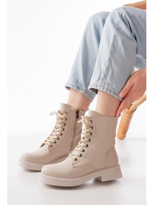 Sibel Gürel 02-356 Bej Düz Topuklu Bağcıklı Fermuarlı Günlük Kadın Bot