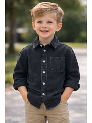 Connemara Erkek Çocuk Siyah Kot Gömlek Uzun Kollu Düğmeli Cepli Rahat Kalıp