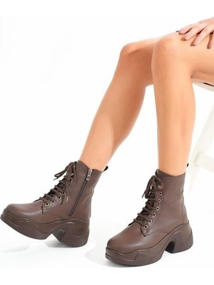 Sibel Gürel FZ-2550 Kahverengi Yüksek Tabanlı Bağcıklı Fermuarlı Günlük Kadın Bot