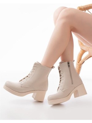 Sibel Gürel 5109-3025 Bej Bağcıklı Fermuarlı Kalın Topuklu Günlük Kadın Bot