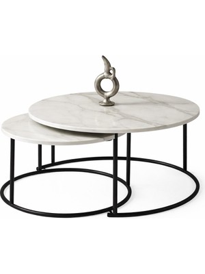 Sylar Beyaz Mermer Yavrulu Orta Sehpa Takımı – Siyah Metal Ayaklı