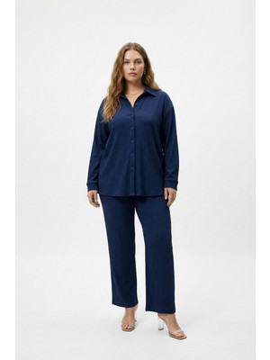 Şuranur Homewear Bürümcük Kumaş Gömlek Yaka Düğmeli Alt Üst Takım Tesettüre Uygun M/6xl (Lacivert)