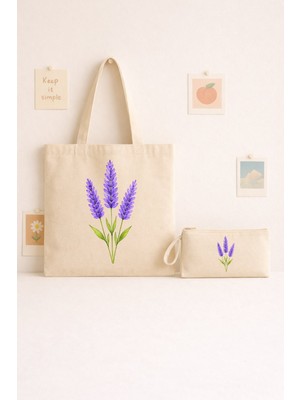 Maki Craft Lavanta Floral Çiçek Desenli 2’li Bez Çanta & Kalemlik Seti