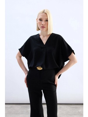 Sateen Geniş Kısa Kollu Bluz - Siyah
