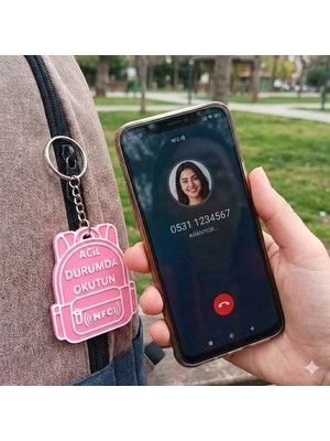 Nfc Acil Durum Anahtarlığı - Akıllı Çanta Süsü ve Güvenlik Etiketi - Okut ve Bilgi Al - Pembe