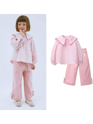 Connemara Kız Çocuk Pembe Ikili Takım – Yaka Detaylı Gömlek & Bağcıklı Pantolon