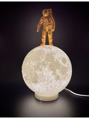 Astronot Figürlü Ay Lambası | 3D Baskı Dekoratif Gece Lambası | Sıcak Beyaz LED