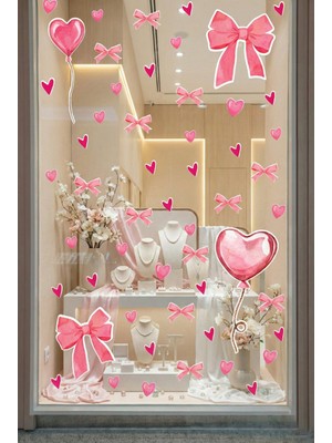 New Jargon Pembe Kalp Balon Romantik Sticker Seti - Cam Mağaza Vitrin Duvar Süsleme Seti