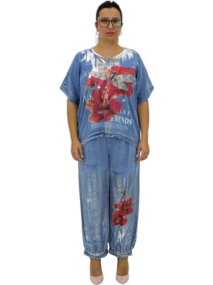 La Velina Büyük Beden Pamuklu Düşük Kollu Parlak Baskı Detaylı Jogger Salaş Alt Üst Ikili Kadın Takım