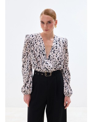 Sateen Kruvaze Bodysuit Bluz - Ekru