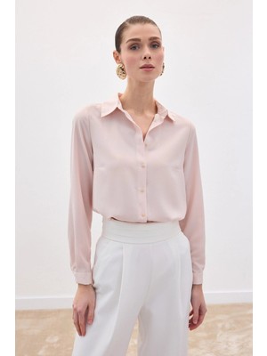 Sateen Düz Klasik Gömlek - Pudra