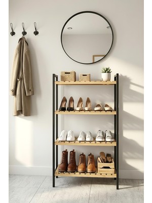 Exent, Dekoratif 4 Raflı Ayakkabılık, Kayın Çubuklu Ahşap Ayakkabılık, Metal Iskelet