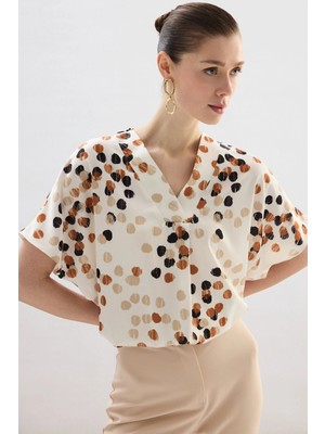 Sateen Puantiye Desenli Salaş Bluz - Bej-Kahve