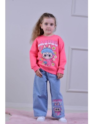 bebexy Labubu Baskılı Kot Pantolon Pembe Takım