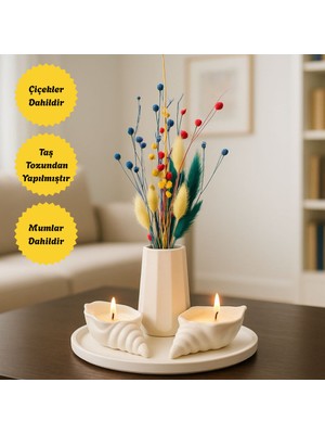 Nigi Store 4 Parça Dekoratif Mumlu Set - Istiridye Mumlu, Vazolu, Yuvarlak Tepsi