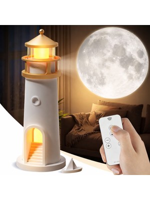 Artnest Ay Efektli Deniz Feneri Projektör | LED Gece Lambası, Kumandalı, Kısılabilir Işık