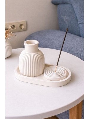 Akanart 3’lü Dekoratif Çizgili Vazo ve Tütsülük Seti