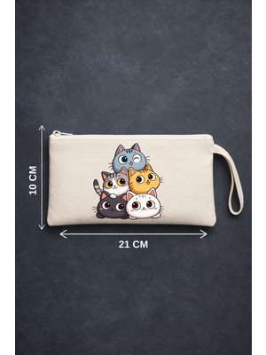 Maki Craft Kawaii Tarzı 5'li Sevimli Kedi Ailesi Baskılı Fermuarlı Bez Kalemlik