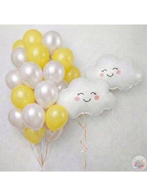 Joyane Metalik Sarı Inci Beyaz Balon Seti 22 Parça | 11’’ Lateks Balon & 40 cm Folyo Bulut