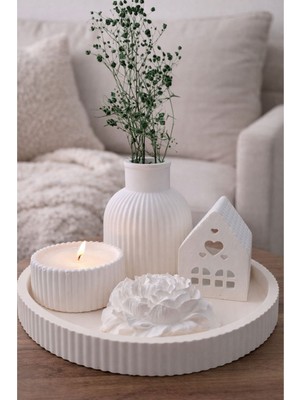 Akanart 5’li Dekoratif Mum, Çizgili Vazo ve Mumluk Seti