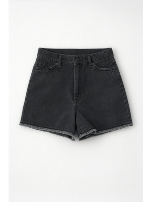 Markapia Kadın Yüksek Bel Püskül Detay Antrasit Jean Şort