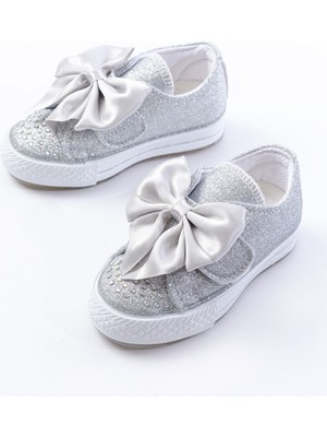 Kız Çocuk Siyah Kaydırmaz Taban Işıklı Fiyonklu Taşlı Spor