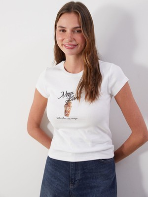 Lc Waikiki Yeni Sezon Bisiklet Yaka New York Baskılı Kadın Tişört