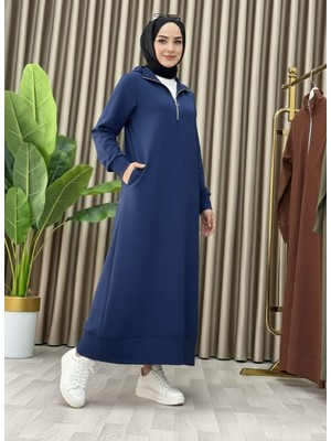Mismoly Fermuar Detaylı Cepli Spor Uzun Örme Tesettür Elbise