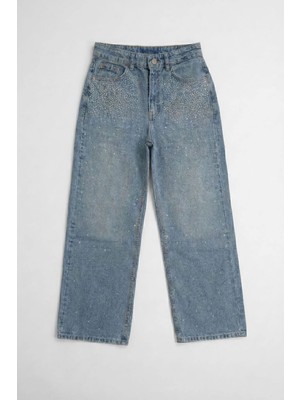 Markapia Kadın Yüksel Bel Taş Detaylı Mavi Jean Pantolon