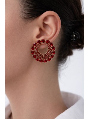 Kırmızı Taşlı Yuvarlak Küpe