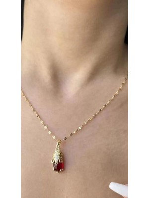 Takıştır Altın Renk Kırmızı Zirkon Taş Çelik Kolye