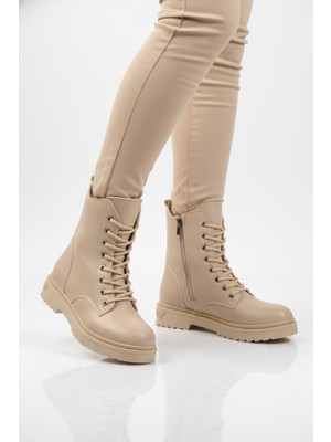 Ayakmod 525383 Z Kalın Taban Soğuğa Dirençli Fermuarlı Bağcıklı Bej Cilt Kadın Bot