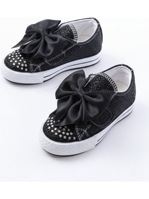 Kız Çocuk Siyah Kaydırmaz Taban Işıklı Fiyonklu Taşlı Spor