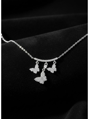 Roza Silver 925 Ayar Rodyum Zirkon Taşlı Sallantılı 3'lü Kelebek Charmlı Gümüş Kolye